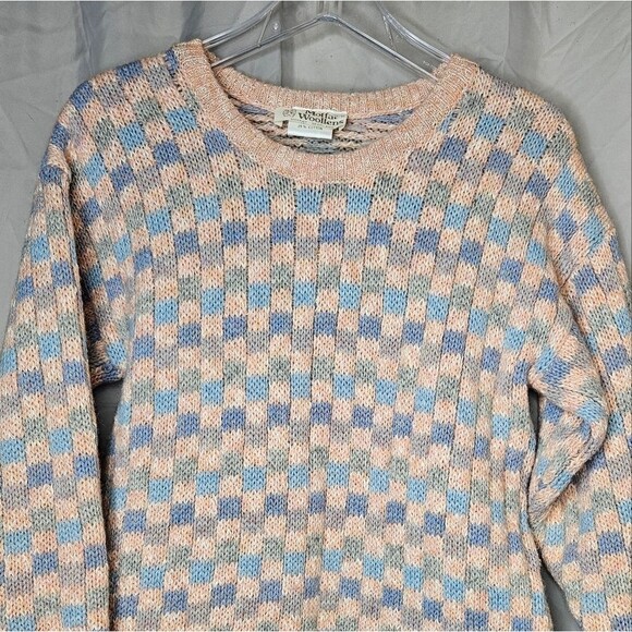 Moffat Woollens Vintage Tight Knit Pastel Checkerboard Wool Pull Over Sweater - Picture 11 of 12